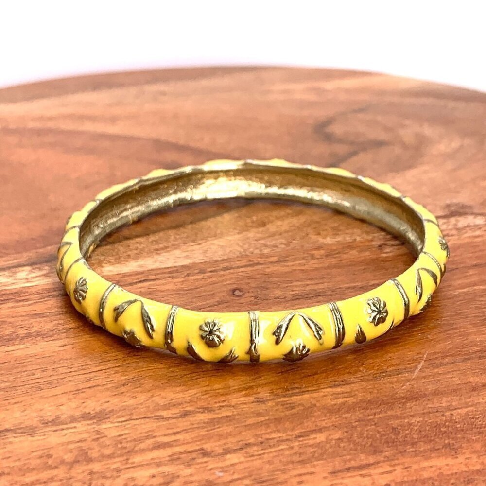 Yellow Bangle With Gold Embossed Floral Designs 2.5" In Diameter